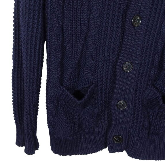 ZARA MAN Cable Shawl Collar Cardigan Sweater XL Wool Blend Navy Blue Grandpa - Picture 4 of 6